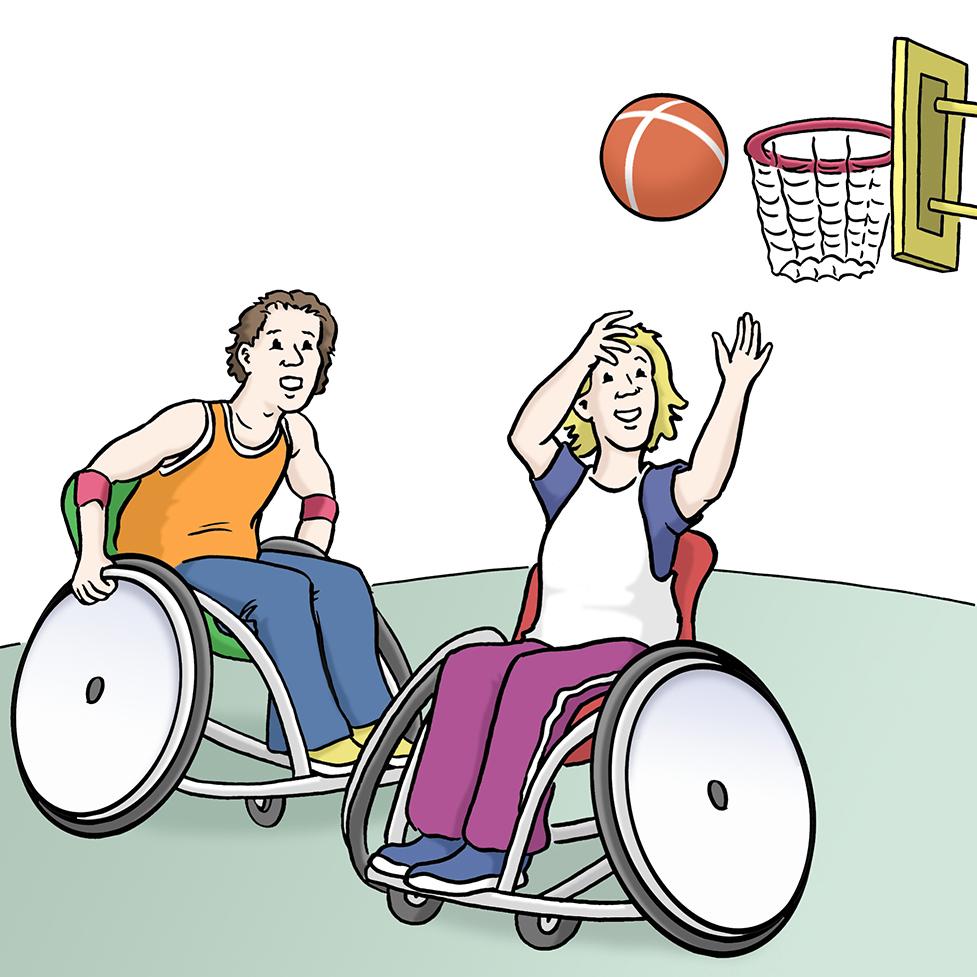 Zwei Personen im Rollstuhl werfen gemeinsam einen Basketball auf einen Korb. Ein Spieler jubelt.