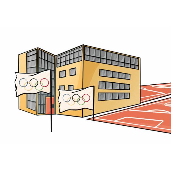 Illustration eines gelben Gebäudes mit großen Fenstern, umgeben von Olympiaflaggen und einem roten Sportplatz.