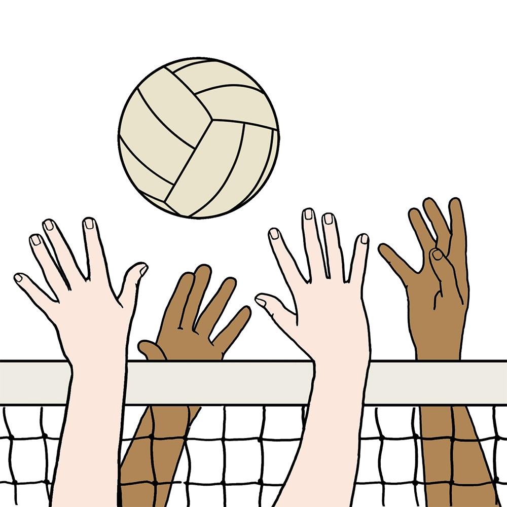 H&auml;nde greifen nach einem Volleyball &uuml;ber ein Netz hinweg, das Spiel findet in einer sportlichen Umgebung statt.